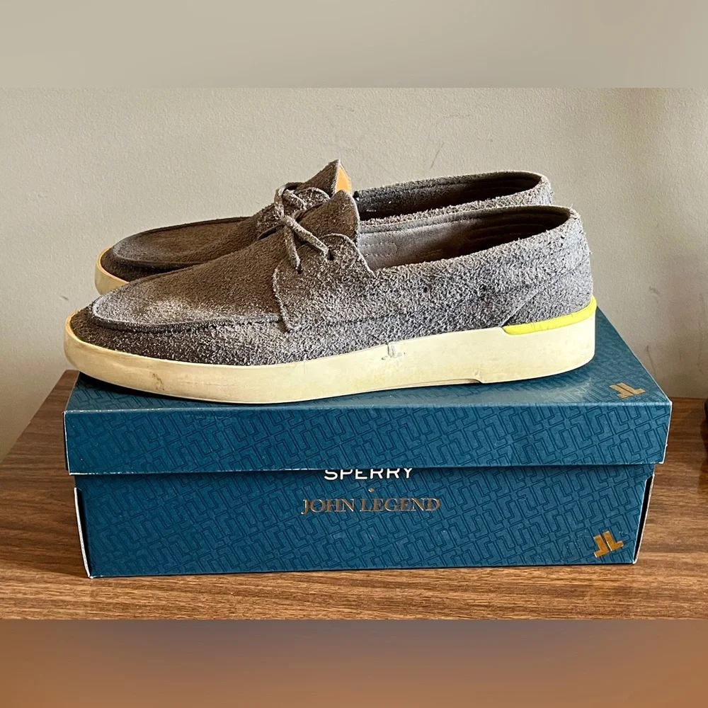 John Legend for Sperry Grey Suede Boat Shoes in Gunmetal, Size 13